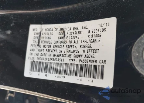 2017 Honda Accord Lx from USA, damaged, VIN 1HGCR2F30HA078513